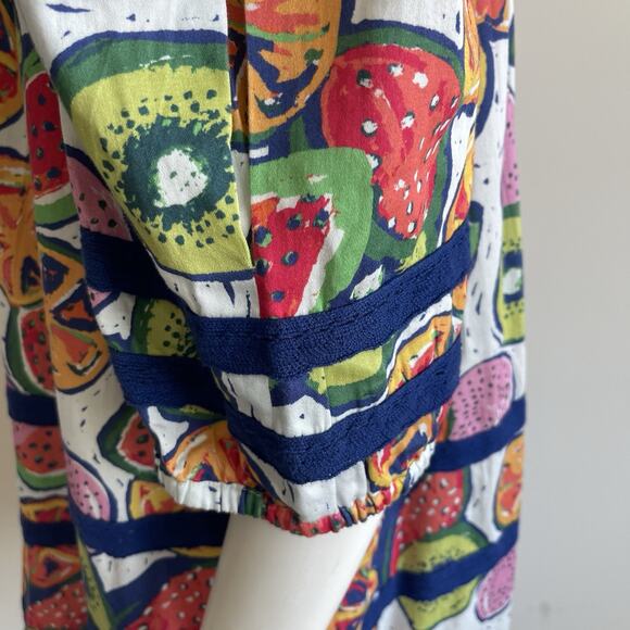 Briton Court Puff Sleeves Tiered Cotton Poplin Dress Fruits Print Sz Large NWT - Picture 7 of 16